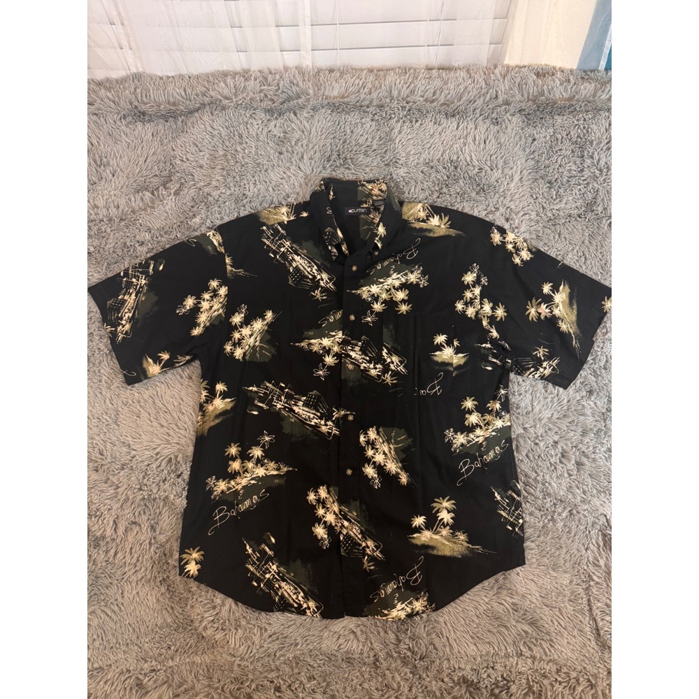 Puritan Mens Bahamas Tropical Palm Tree Print Shirt Black Cotton Large L
